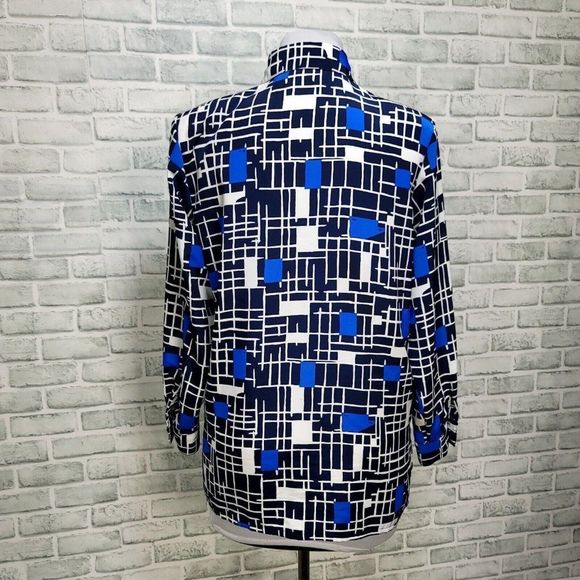 Vintage 90s Liz Baker Womens M Black Blue Abstract Geo Button Front Blouse L/S - Picture 5 of 6